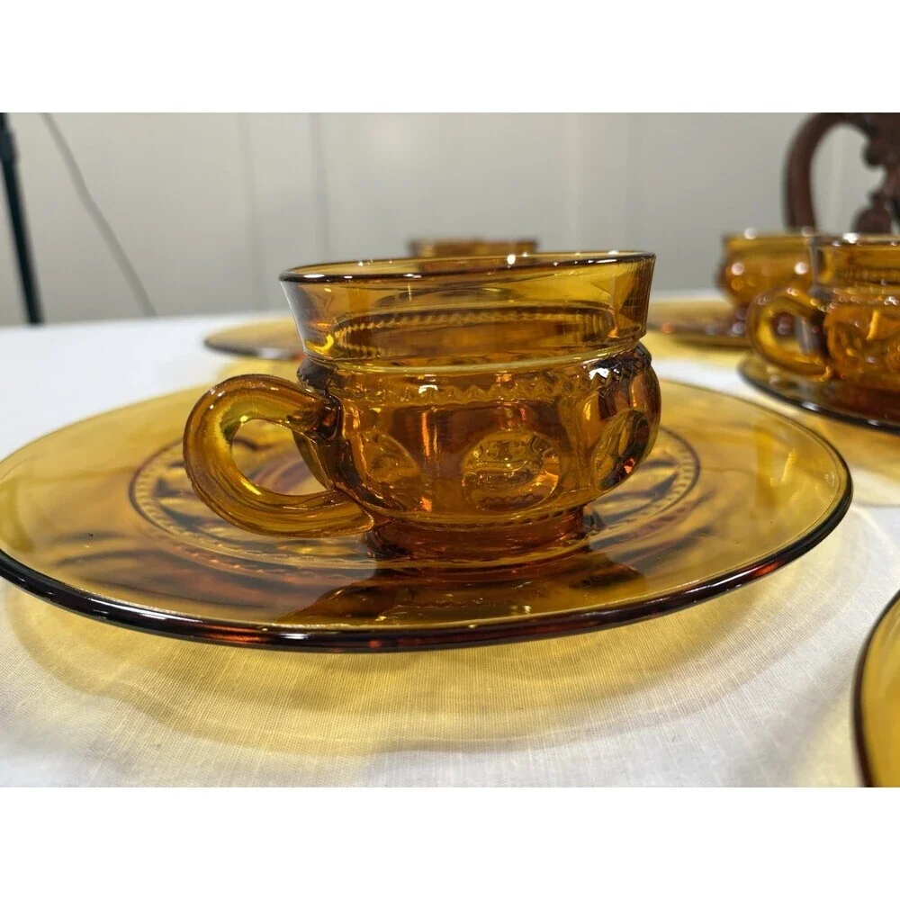 Vintage Indiana Glass Kings Crown Thumbprint Amber Snack Set 6 Plates 6Cups